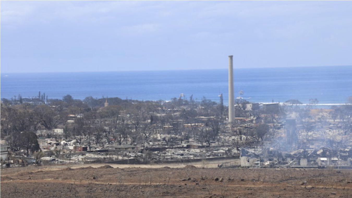 Image of aftermath of Maui Wildfire from August 8, 2023. Photo source: UH News